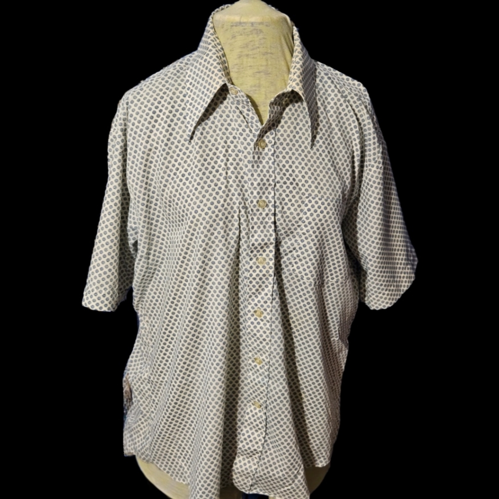70's, Kmart, Vintage Men's Short Sleeved Button Up Dress Shirt Blue, 16 1/2